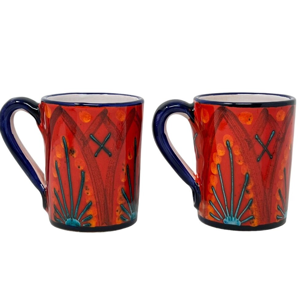Tuscany Pottery Signed Ferrigro S Stafano Red Cobalt Blue Coffee‎ Cup Mug Set  2